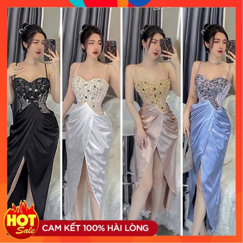 Đầm dạ hội hai dây đính đá eo xếp ly siêu sang - Yêu Shop 85