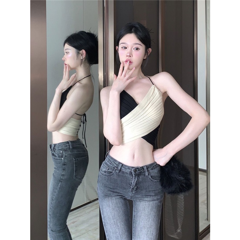 Áo Thun Mùa Hè Mới Cho Nữ#039; s vest Ngắn Dệt Kim 2 Dây Chéo