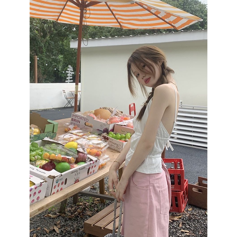 Áo Sơ Mi Ngắn Hở Lưng Phối Dây Xinh Xắn Theo Phong Cách Mùa Hè Dành Cho Nữ