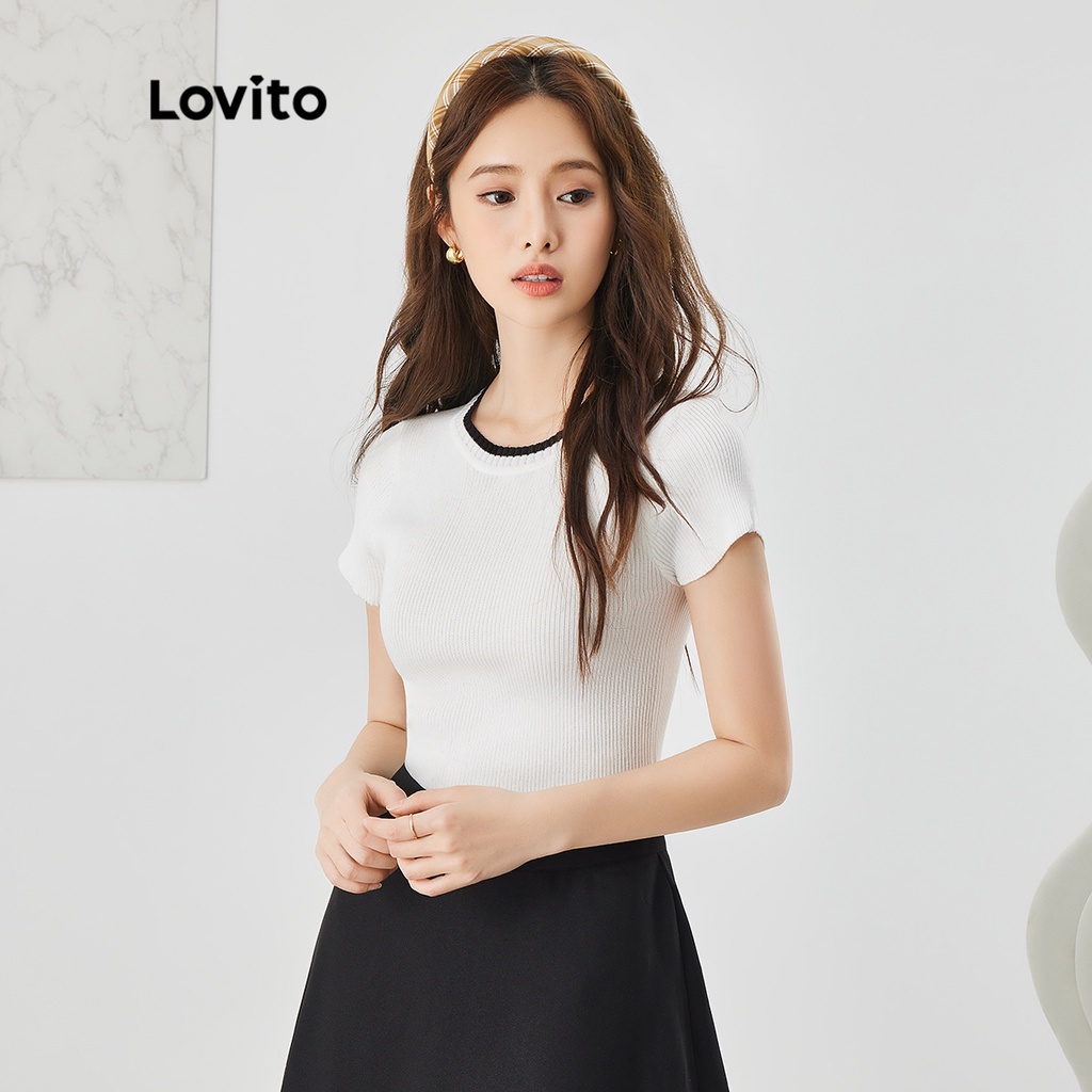 Lovito Casual Plain Contrast Binding Crop Top Nữ L35AD021 (Trắng)