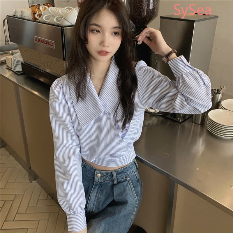 Áo Sơ Mi Dài Tay Phối Ren Họa Tiết Kẻ Sọc Phong Cách Retro Pháp