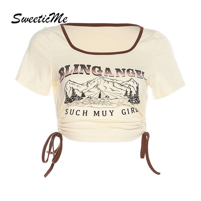 Áo Thun Crop Top Cổ Vuông Tay Ngắn Dáng Ôm In Họa Tiết Thời Trang 2023 Cho Bạn Gái