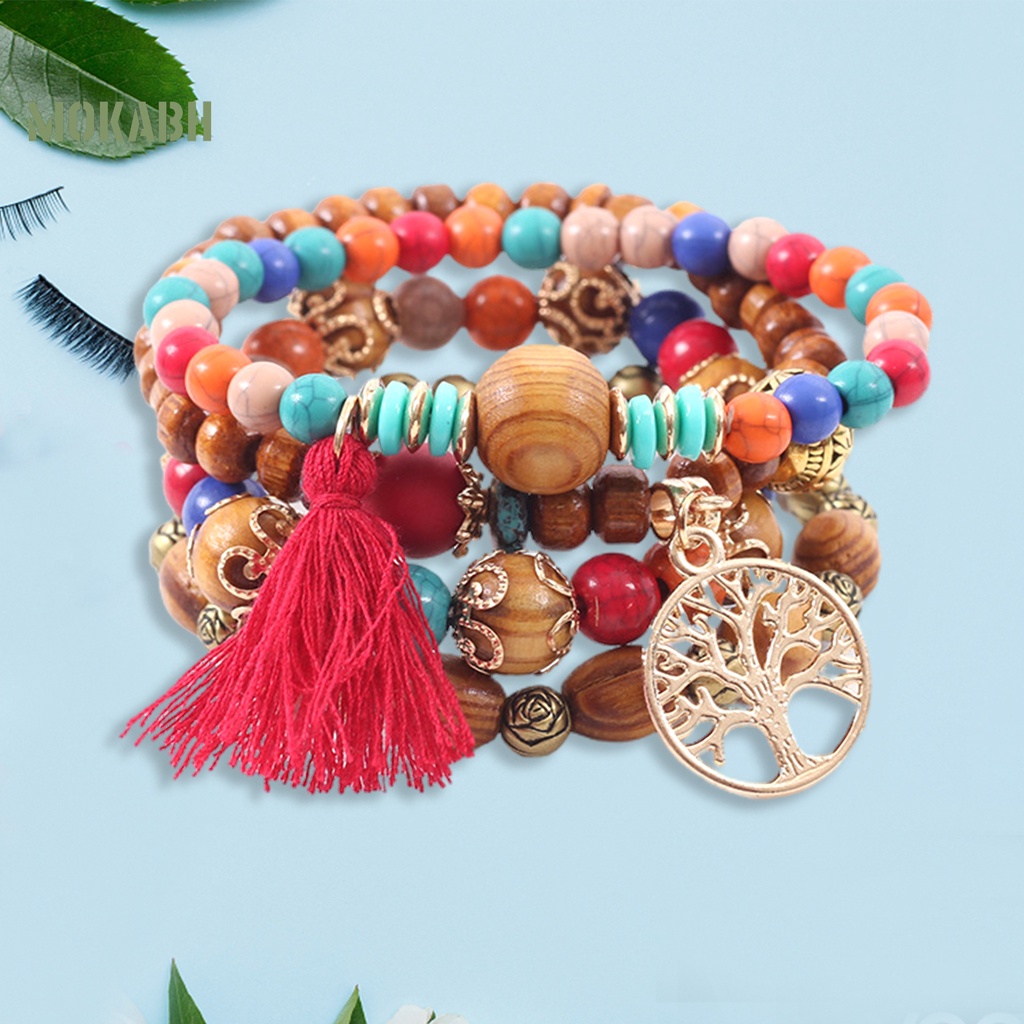 Bộ 4 Vòng Tay Chuỗi Hạt Gỗ Tua Rua Thời Trang Cho Nam Và Nữ