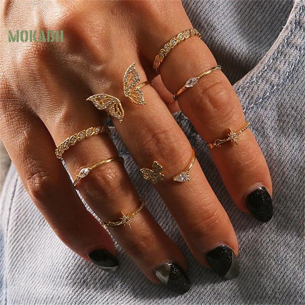 Set 8 Nhẫn Đeo Khớp Ngón Tay Họa Tiết Bướm / Hoa Đính Đá Tinh Tế Cho Nữ