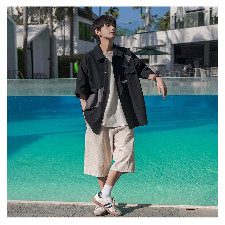 Áo Sơ Mi Tay Ngắn Màu Sắc Tương Phản Phong Cách Nhật Bản Thời Trang Mùa Hè Cho Nam