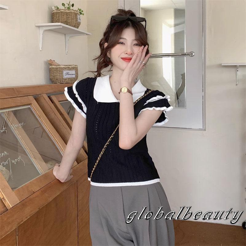 Áo Thun Dệt Kim Tay Ngắn Cổ Búp Bê Màu Sắc Tương Phản Thời Trang Dành Cho Nữ