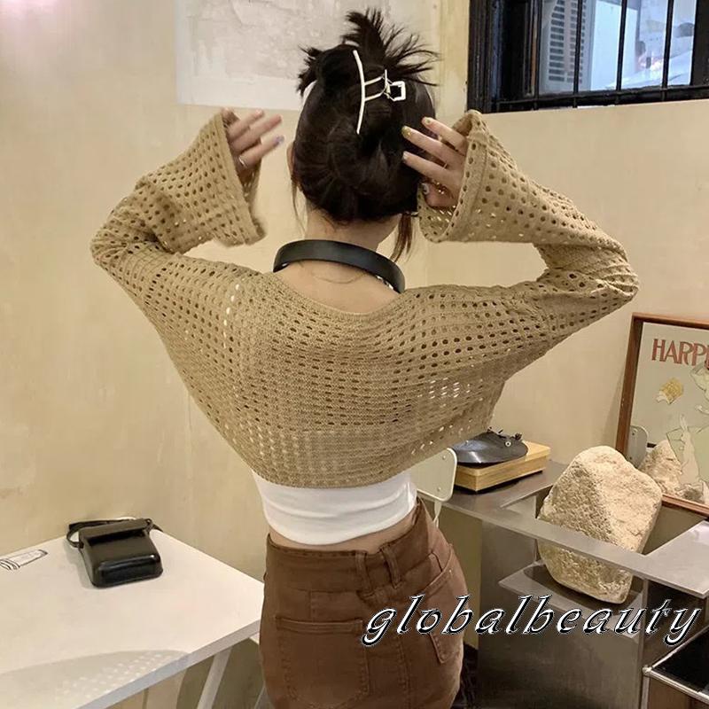 Áo Thun Dệt Kim Tay Dài Cổ Tròn Dáng Rộng Khoét Lỗ Thời Trang Cho Nữ