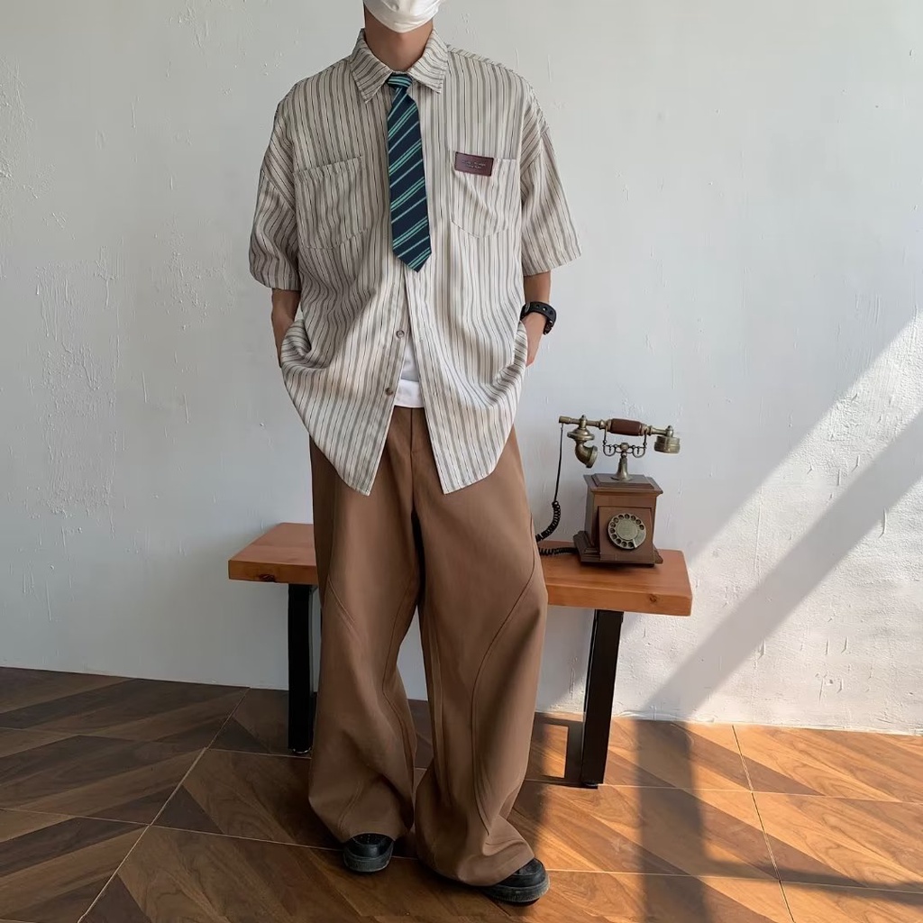 Áo Sơ Mi Tay Lửng Dáng Rộng Họa Tiết Kẻ Sọc Thời Trang Mùa Hè Cho Cặp Đôi