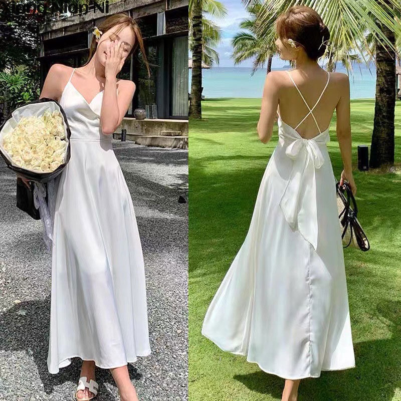 Đầm Midi Hai Dây Hở Lưng Màu Trắng Thời Trang Mùa Hè 2023 Phong Cách Pháp Cổ Điển Hàng Mới Dành Cho Bạn Nữ