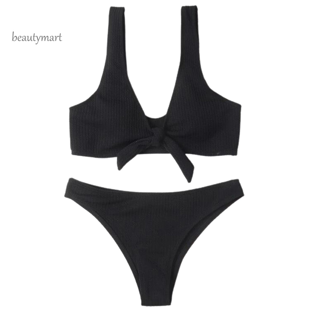 Bộ Đồ Bơi Hai Mảnh Màu Trơn Đính Nơ Co Giãn Dành Cho Nữ