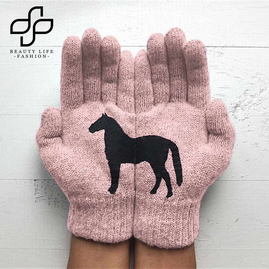 1 Đôi Găng Tay Len Chống Lạnh In Họa Tiết Ngựa Hoạt Hình Cho Nữ