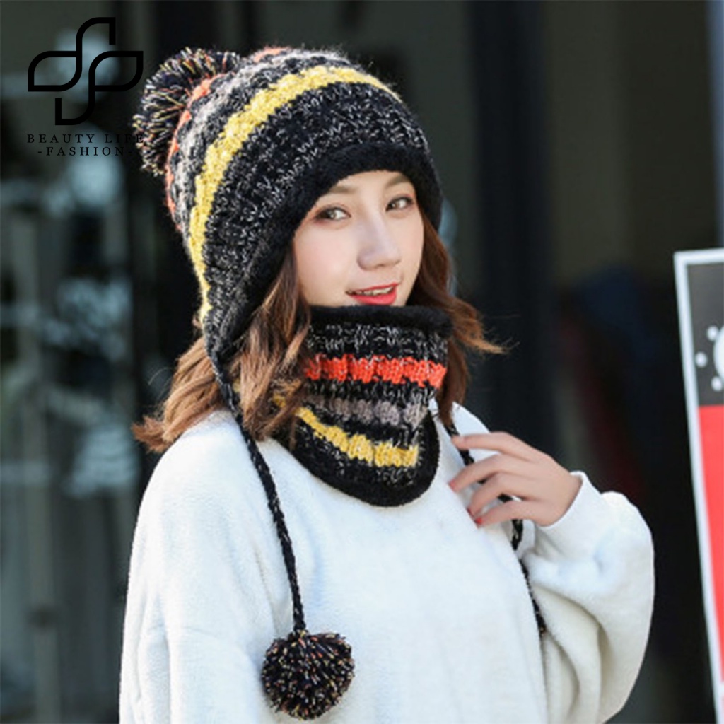 1 Set Mũ Len Beanie Kèm Khăn Choàng Cổ Không Vành Kẻ Sọc Nhiều Màu Sắc Co Giãn Dành Cho Mùa Thu Đông