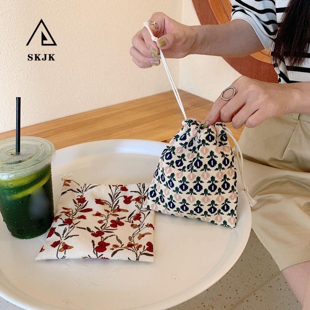 Needway Ví Đựng Son Môi / Trang Sức Bằng Vải Bạt Kẻ Sọc Caro In Hoa Phong Cách Hàn Quốc Ngọt Ngào