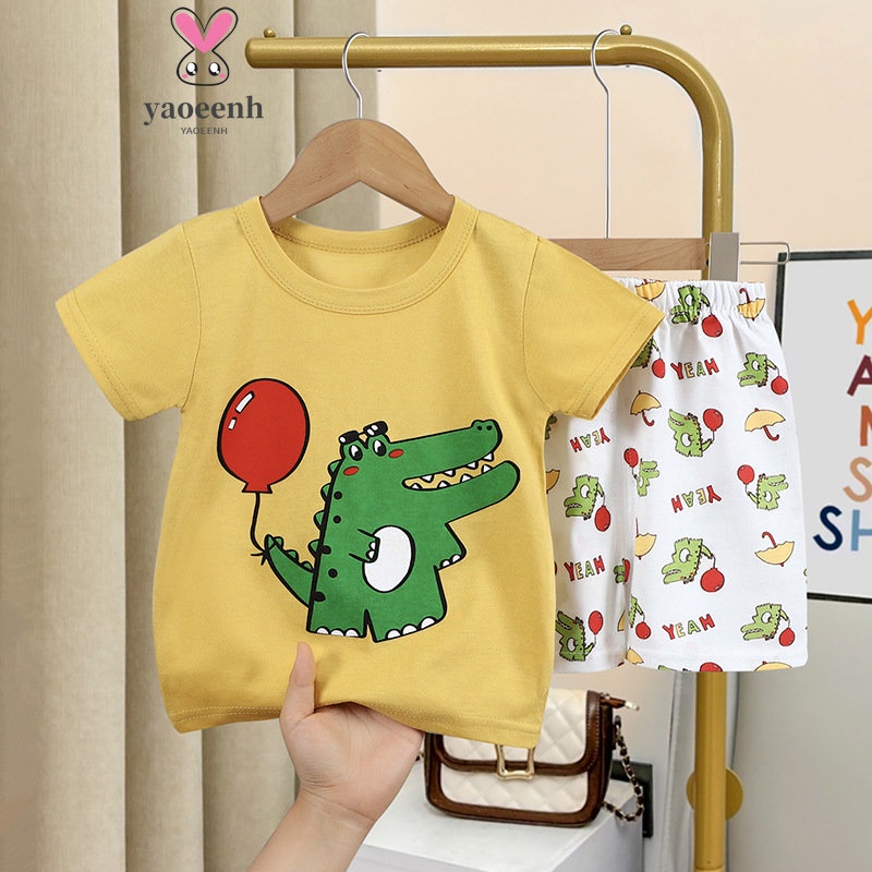 【YAOEENH】Bộ Áo Thun Cotton Tay Ngắn Và Quần Đùi Họa Tiết Hoạt Hình Dành Cho Bé Trai Gái 73-130cm