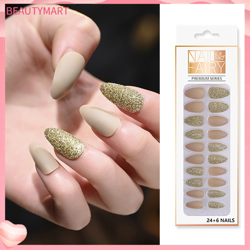 1 Bộ Móng Tay Giả Màu Lì Và Kim Sa Lấp Lánh Nhiều Màu Sắc Có Thể Tháo Rời