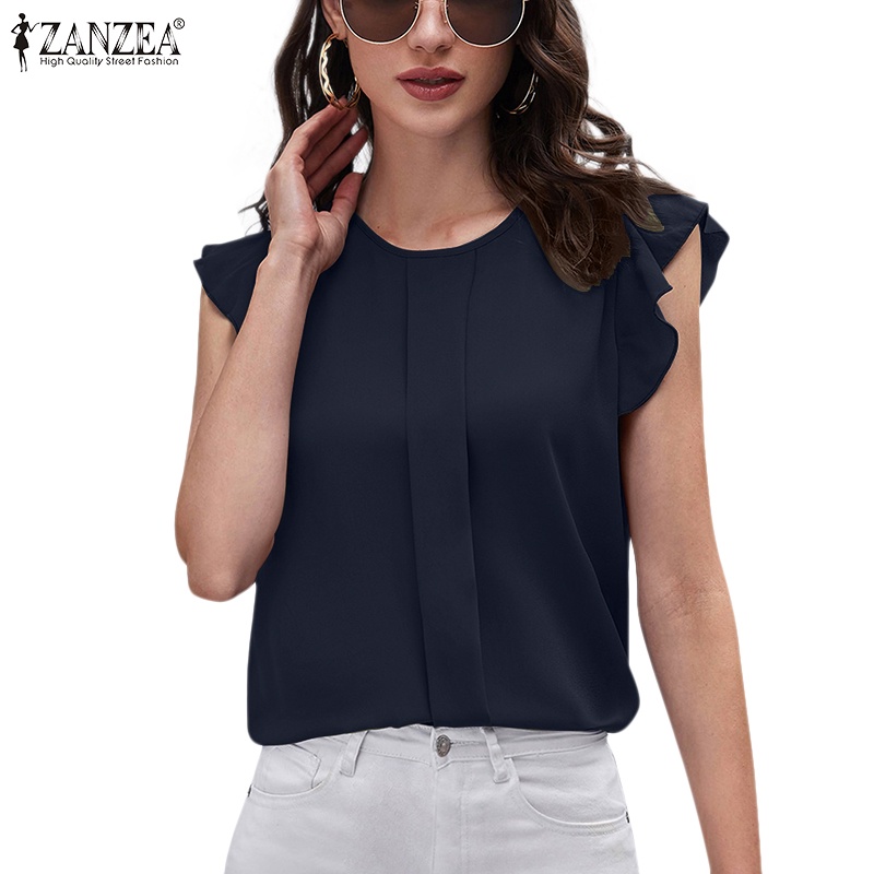 Zanzea Áo Nữ Cộc Tay Nhún Bèo Cổ Tròn Thời Trang