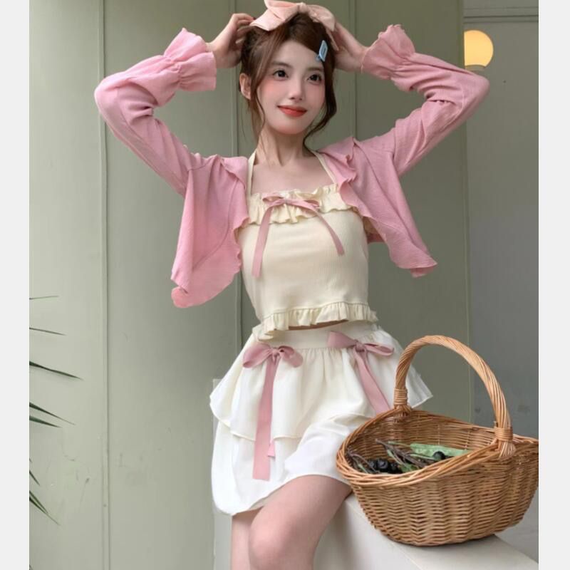 Bộ Áo Khoác Cardigan Dài Tay Chống Nắng + Áo Hai Dây + Quần Lưng Cao Phong Cách Mới Cho Nữ
