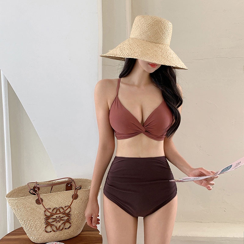 Bộ Đồ Bơi BIKINI Lưng Cao Màu Trơn Thời Trang Hàn Quốc Cho Nữ