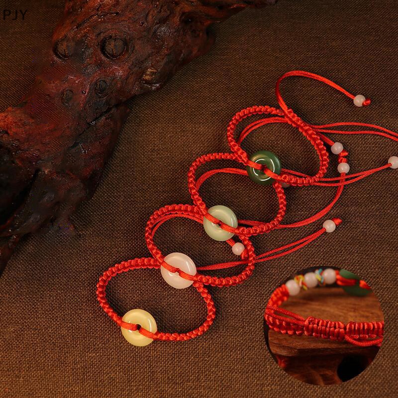 Vòng Tay Bện Dây Đỏ Đính Hạt Ngọc Bích Nhân Tạo Phong Cách Dân Tộc Mới