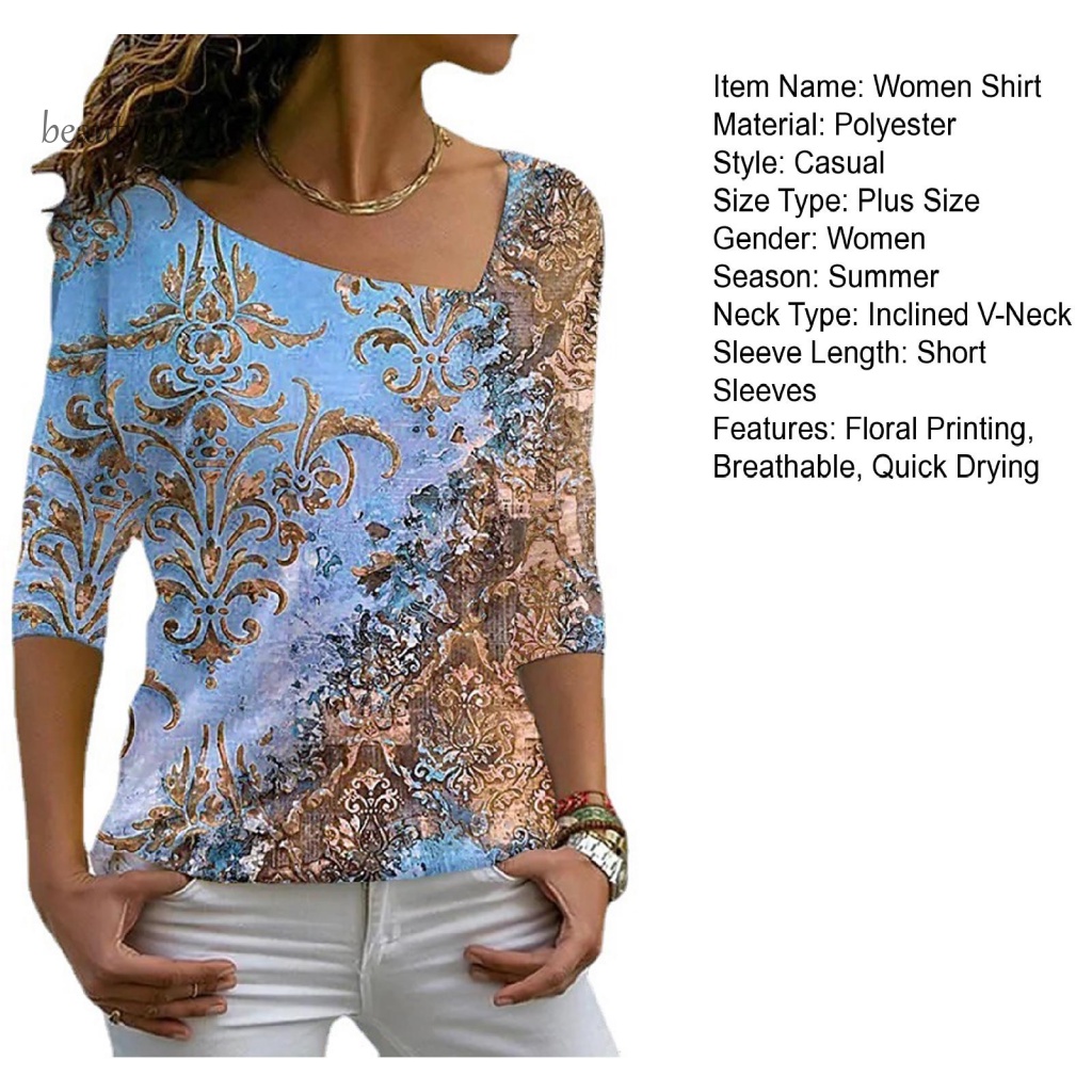 Áo Thun Tay Lửng Cổ Chữ V Dáng Rộng Thoáng Khí In Họa Tiết Hoa Xinh Xắn Thời Trang Mùa Hè Cho Nữ beautymartm1