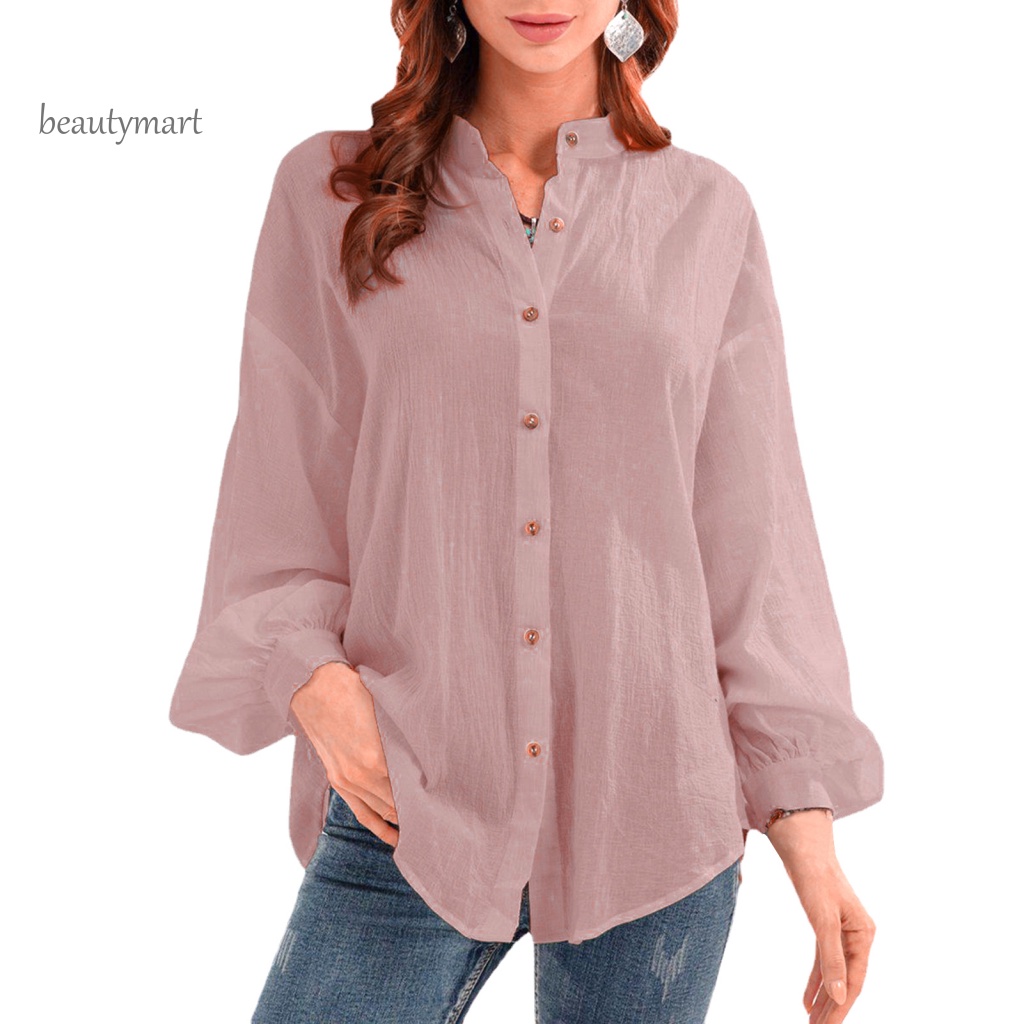 Áo Sơ Mi Cổ Đứng Tay Dài Màu Trơn Thoáng Khí Thời Trang Đường Phố Cho Nữ beautymartm1