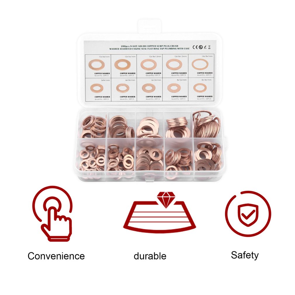 200Pcs Solid Copper Washer M5-M14 Flat Ring Sump Plug Seal Assorted Set Box Electrical Conductivity Thermal [Q/13]