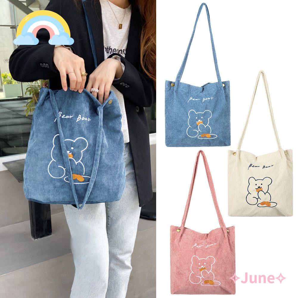 JUNE Túi Tote Thêu Hình Gấu Dễ Thương