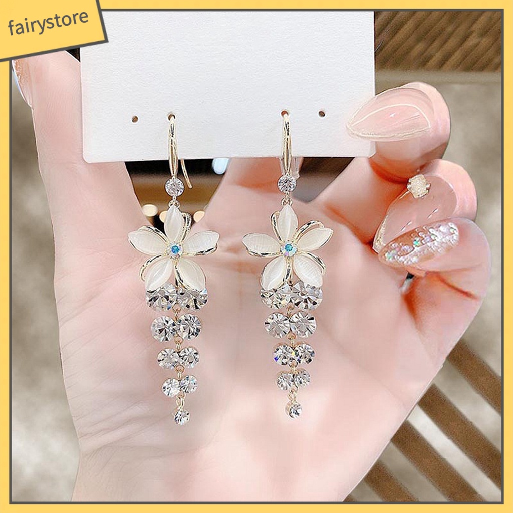 1 Đôi Bông Tai Dáng Dài Hình Hoa Đính Đá Lấp Lánh Thời Trang Cho Nữ