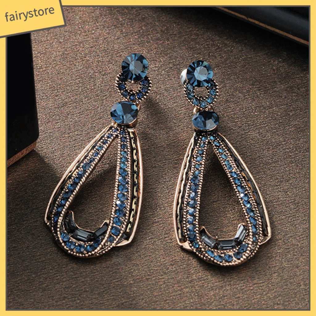 [FRO] Bông Tai Giọt Nước Đính Đá Xanh Lam Hình Giọt Nước Phong Cách Vintage Công Sở