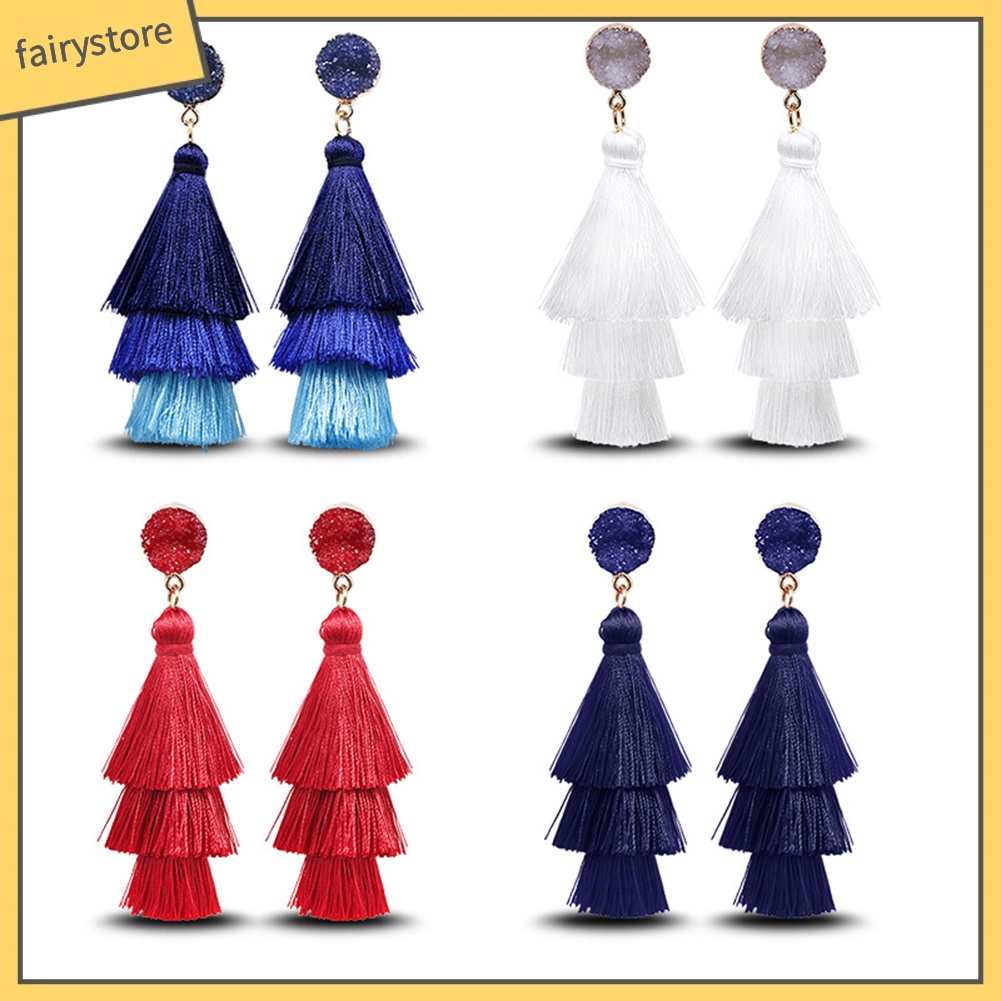 Bông Tai Chuỗi Dài Tua Rua Nhiều Lớp Phong Cách Bohemian Cho Nữ