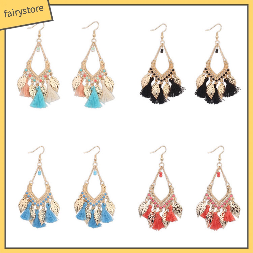 Bông Tai Dáng Dài Hình Chiếc Lá Bằng Kim Loại Phối Tua Rua Phong Cách Bohemian Thời Trang Cho Nữ