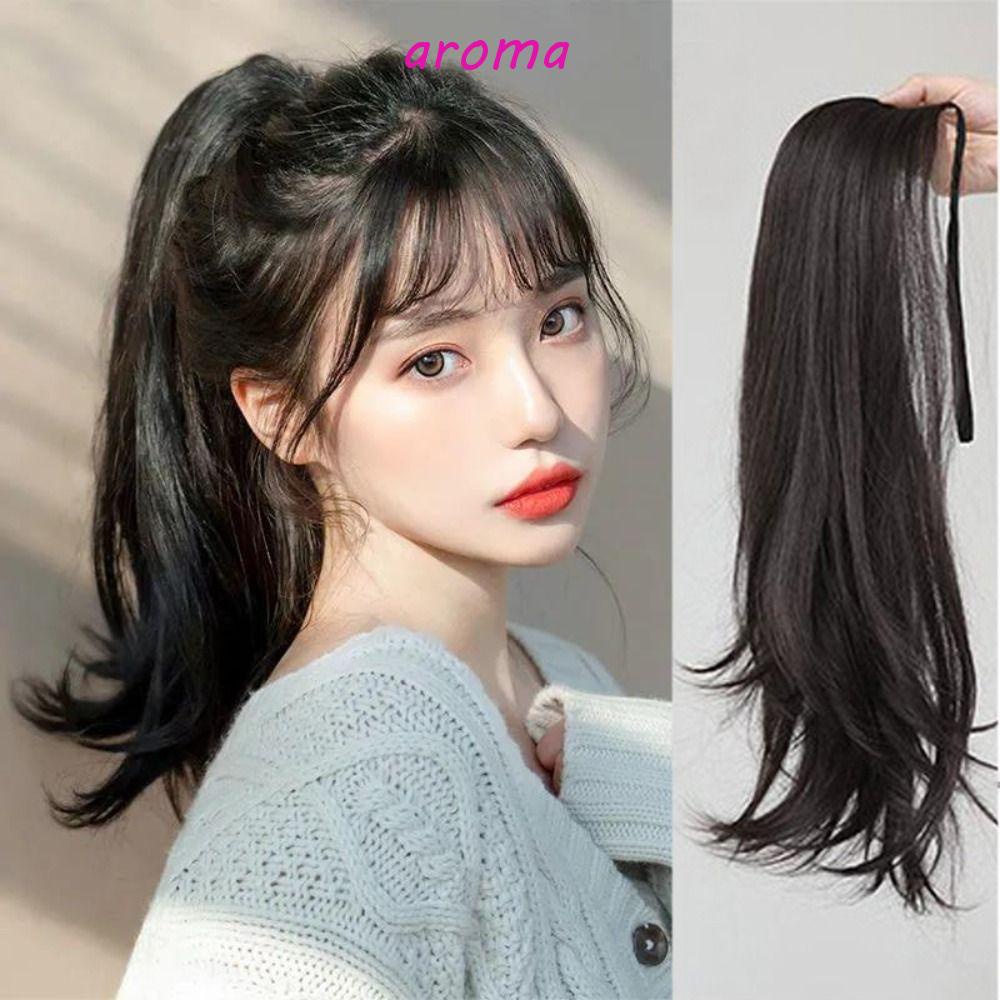 Aroma Tóc Giả Thẳng Dài Bằng Sợi Tổng Hợp Mềm Mại Màu Nâu Chất Lượng Cao Có Kẹp Tóc Đuôi Ngựa Vô Hình