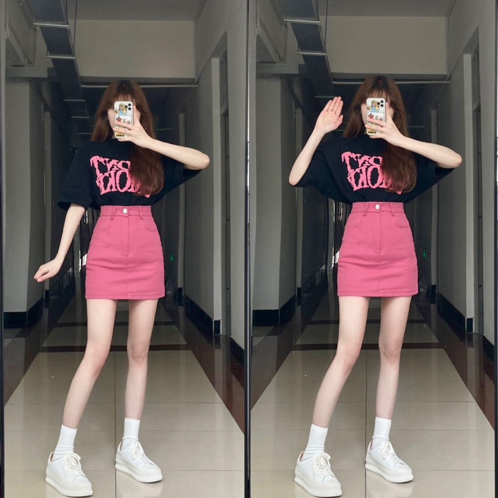 Bộ Áo Thun Ngắn Tay + Chân Váy Denim Thời Trang Mùa Hè Mới 2023 GP50 Cho Nữ