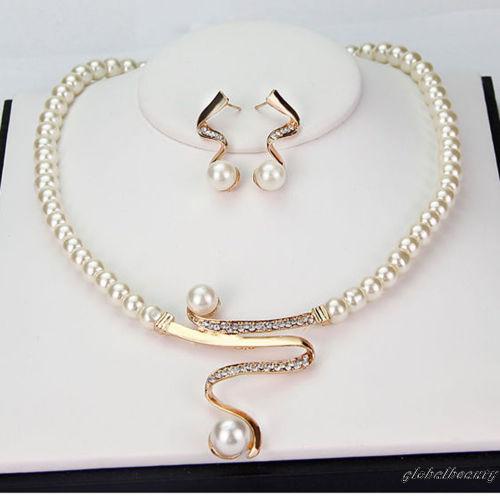 Bộ Vòng cổ + Bông Tai Đính Ngọc Trai Nhân Tạo Kiểu Hở Đính Đá Sang Trọng Cho Nữ