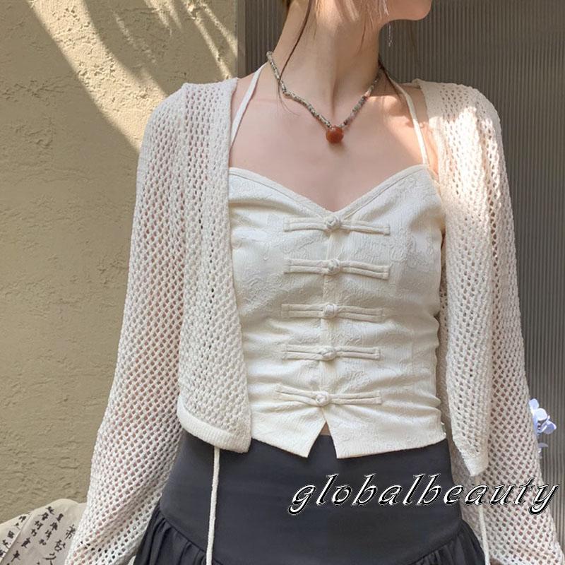 Áo Kiểu Không Tay Cổ Treo Cài Nút Đơn Giản Thời Trang Xuân Thu Cho Nữ