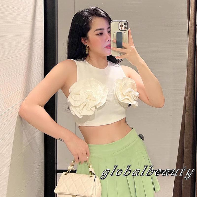 Áo Croptop Sát Nách Màu Trơn In Họa Tiết Hoa 3D Thời Trang Mùa Hè Cho Nữ