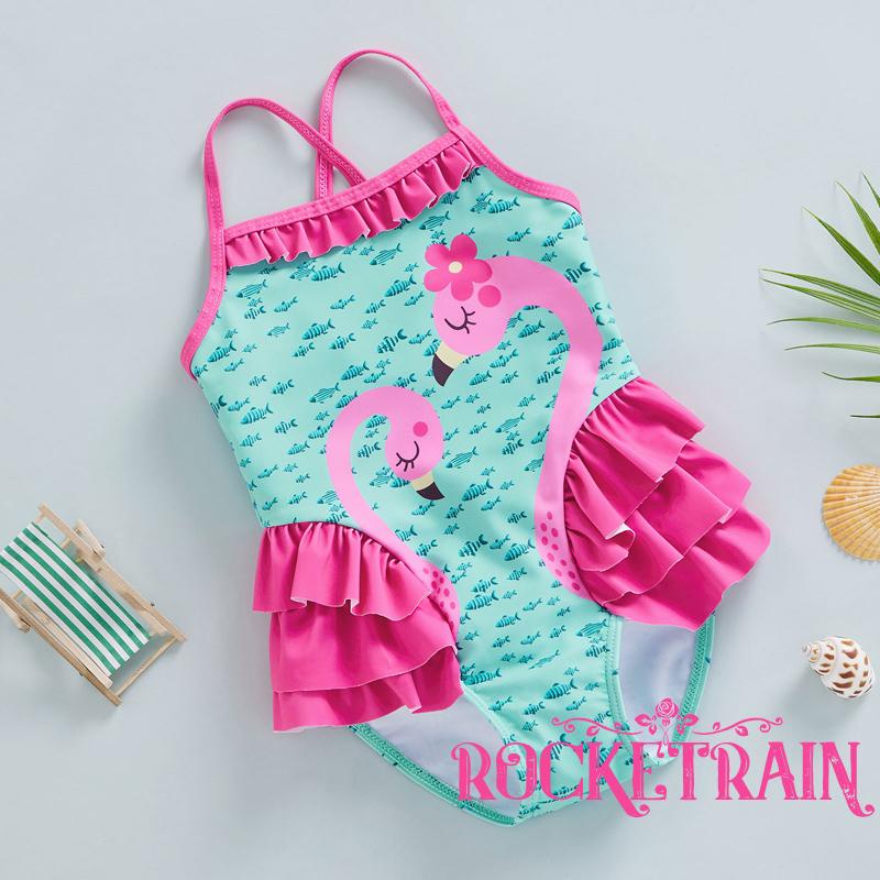 Bộ Đồ Bơi Liền Thân Không Tay Họa Tiết Chim Hồng Hạc Dễ Thương Cho Bé Gái