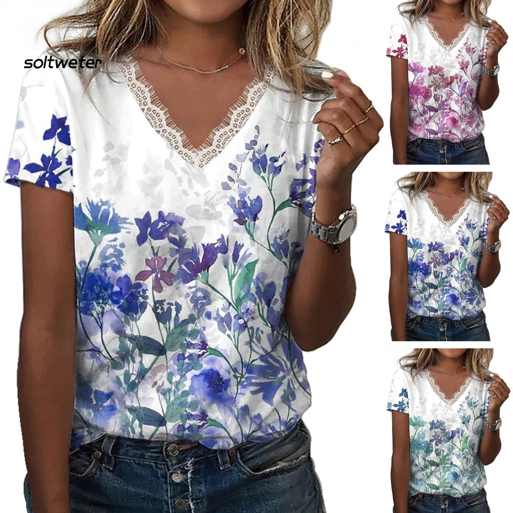 Áo Thun Tay Ngắn Cổ Chữ V Phối Ren In Họa Tiết Hoa Đơn Giản Thời Trang Đường Phố Cho Nữ