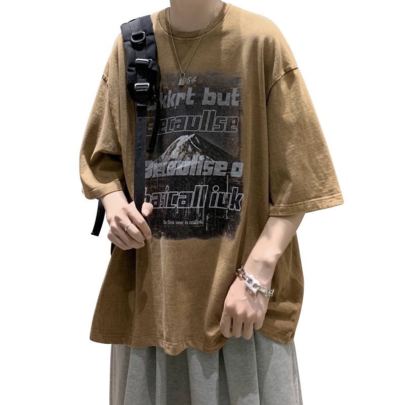 Áo Thun Ngắn Tay Màu Cà Phê In Hình Núi Tuyết Batik Phong Cách Âu Mỹ Cổ Điển Thời Trang Mùa Hè Cho Nam