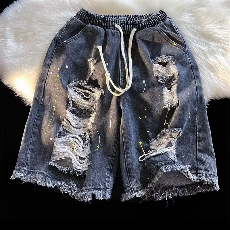 Quần Short Denim Ống Rộng Phong Cách Hip Hop Đường Phố Mỹ Cá Tính Cho Nam