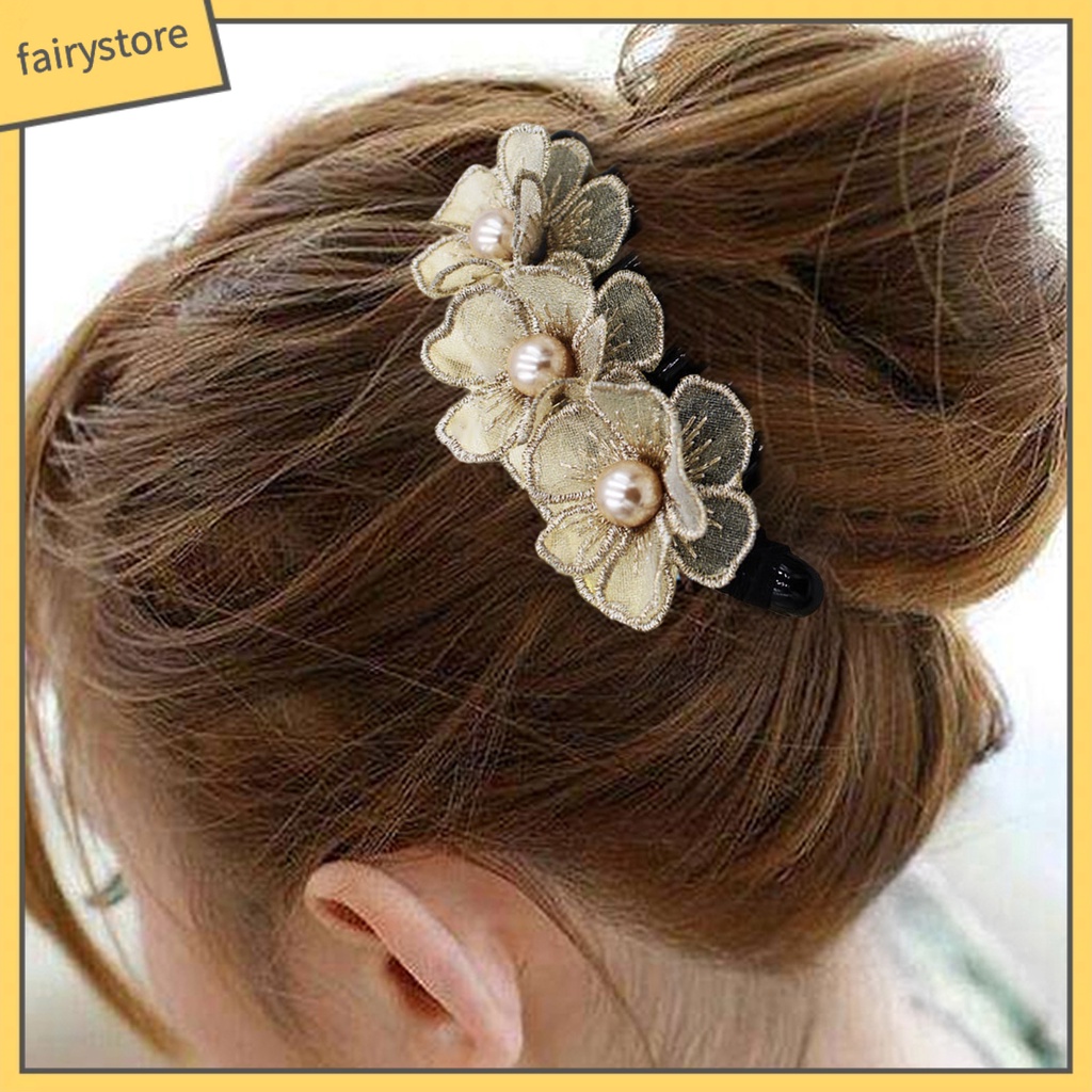 Lược Cài Tóc Đính Ngọc Trai Giả Thêu Hoa Chống Trượt