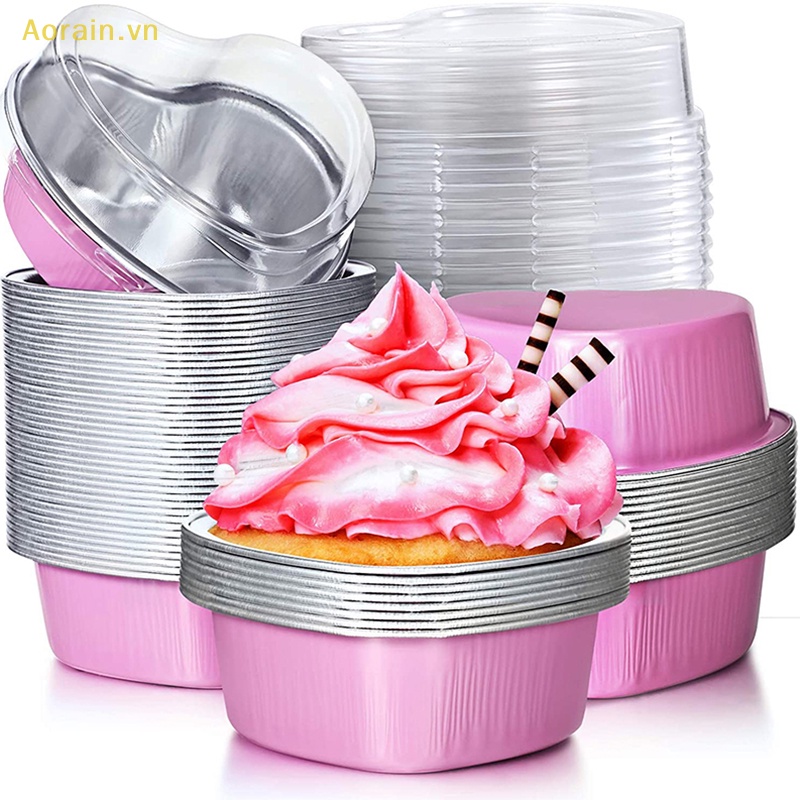 Set 10 Cốc Lá Nhôm Làm Bánh Cupcake Hình Trái Tim Có Nắp Đậy 3.4 Ounces