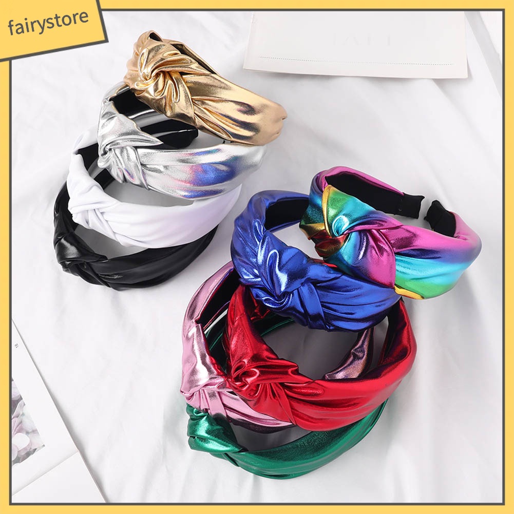 Băng Đô Cài Tóc Bản Rộng Giả Da Thắt Nút Màu Trơn Cho Nữ