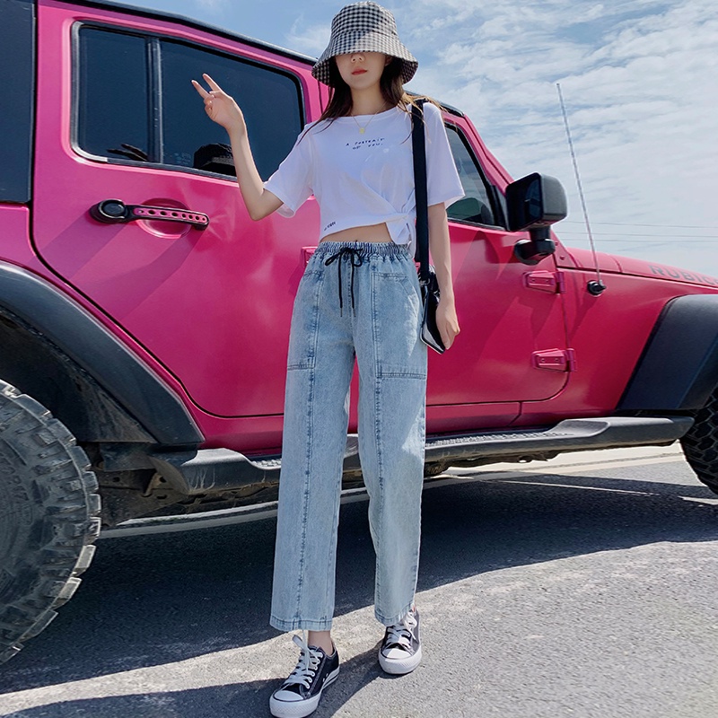 Hàng Mới Về Quần Jeans Denim Cotton Lưng Thun Ống Suông Dây Rút Dành Cho Nữ Plus Size S-5xl 2023