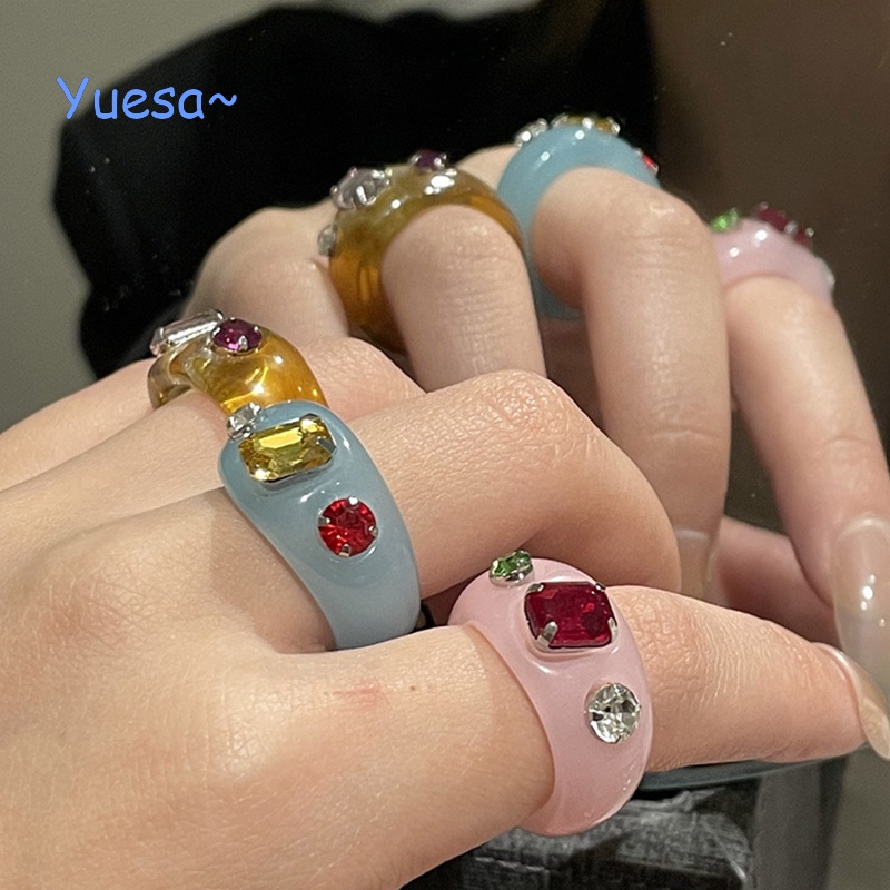 Yuesa Nhẫn Acrylic Kiểu Hình Học Trong Suốt Đính Đá Pha Lê Nhiều Màu Nghệ Thuật Hàn Quốc Cho Nữ