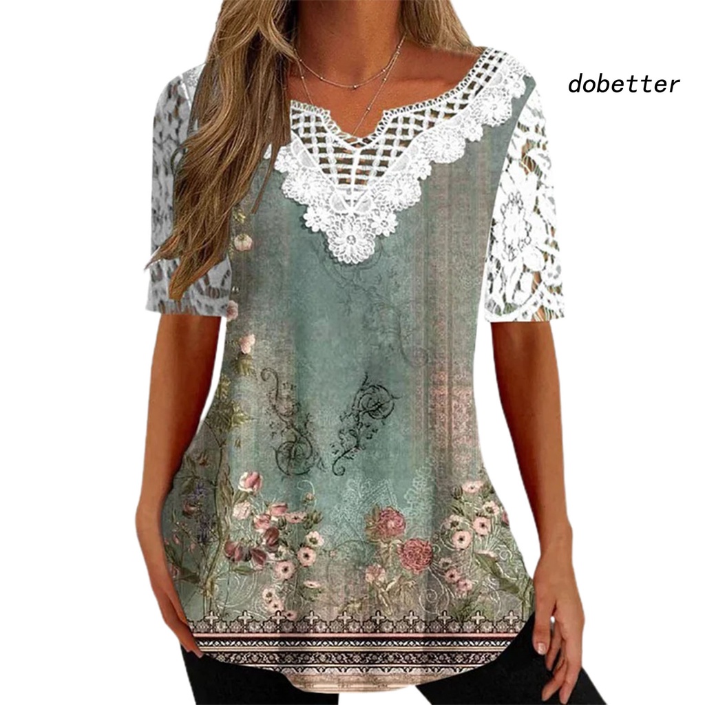Áo Thun Tay Ngắn Cổ Chữ V Phối Ren Hoa Mỏng Dáng Rộng Co Giãn Thời Trang Đường Phố Cho Nữ