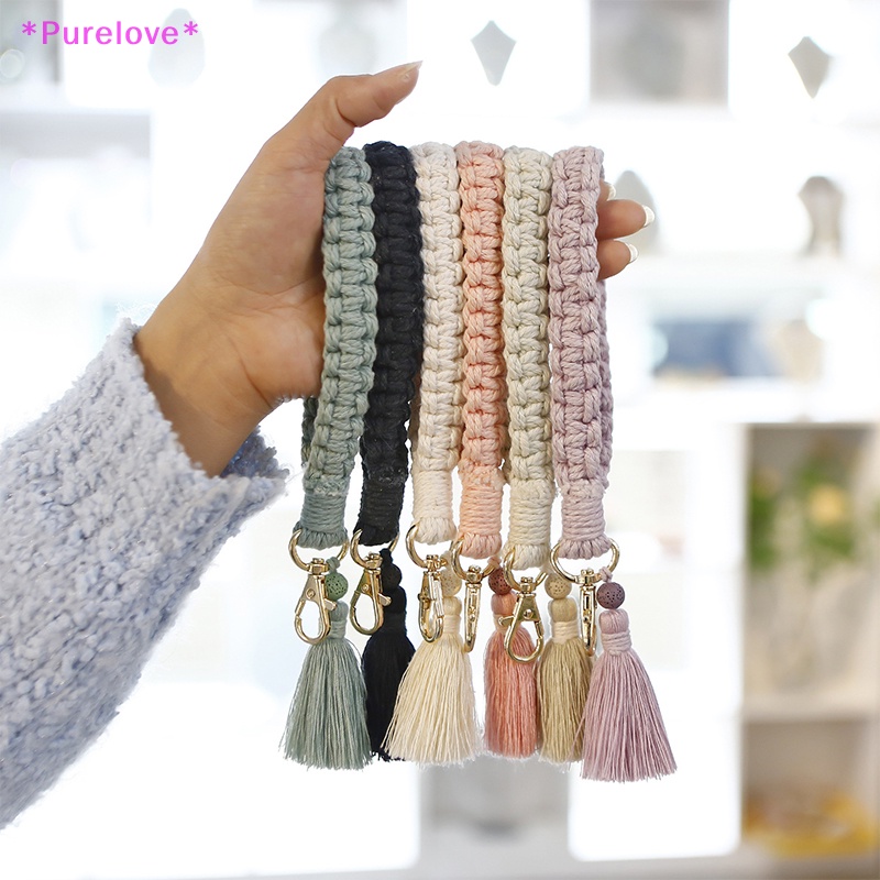 Móc Khóa Macrame Dây Cotton Bện Đính Đá Lava Phong Cách Boho Sáng Tạo Dành Cho Nữ Mới
