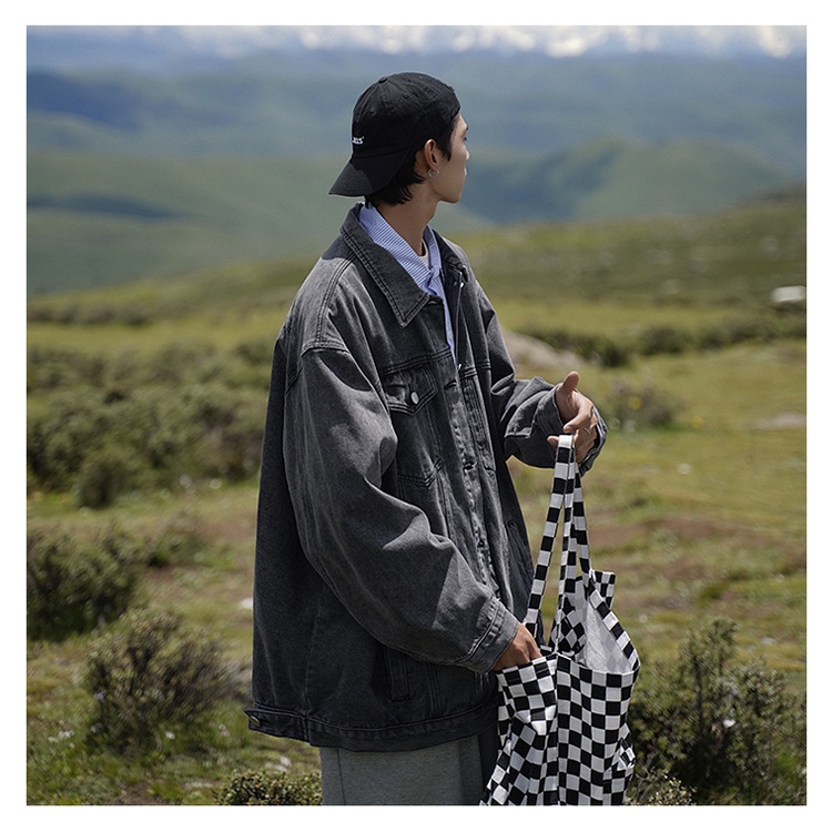Áo Khoác Denim Phối Túi Kiểu Retro Đường Phố Nhật Bản Thời Trang Xuân Thu Cho Nam