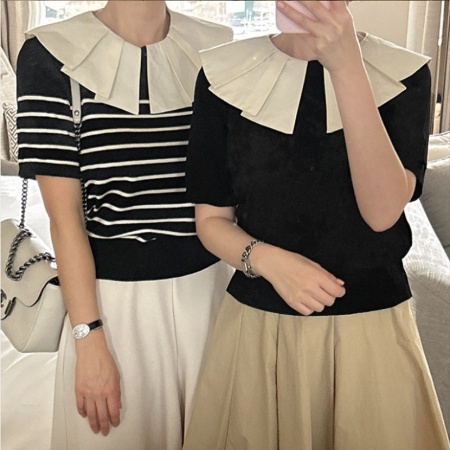 Áo Cổ Búp Bê Họa Tiết Kẻ Sọc Màu Tương Phản Phong Cách Retro