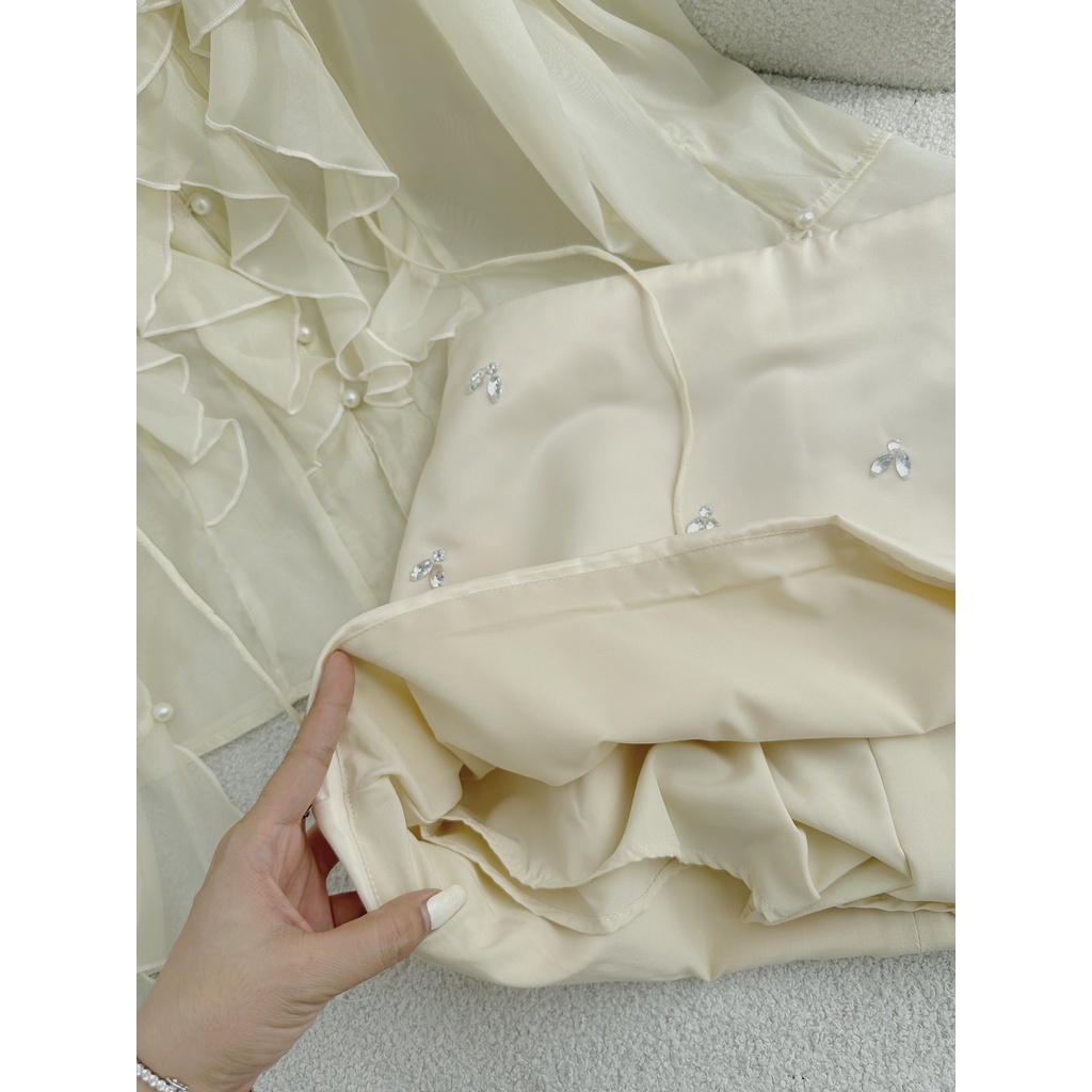 Set áo voan viền bèo+chân váy đính hạt